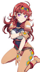 Rule 34 | 1girl, ahoge, belt, blush, boots, breast hold, breasts, charlotte hasting, covered navel, earrings, gloves, hairband, jewelry, kneeling, long hair, looking at viewer, medium breasts, nanashino, necklace, pilot suit, purple eyes, red hair, simple background, smile, solo, super robot wars, super robot wars v, wavy hair, white background