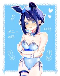 Rule 34 | 1girl, animal ears, bare shoulders, blue bow, blue bowtie, blue eyes, blue hair, blue leotard, blue theme, blush, bow, bowtie, breasts, cleavage, covered navel, cowboy shot, detached collar, fake animal ears, heart, highres, leotard, looking at viewer, medium breasts, michi0ru, myers-briggs type indicator, open mouth, original, outline, playboy bunny, rabbit ears, short hair, solo, strapless, strapless leotard, white outline