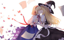 Rule 34 | 2girls, absurdres, alice margatroid, apron, blonde hair, bug, butterfly, capelet, closed eyes, couple, dissolving, eyebrows hidden by hair, eyes visible through hair, from side, hairband, half-closed eyes, hat, highres, holding hands, insect, interlocked fingers, kirisame marisa, kiss, long hair, looking at another, multiple girls, paper, puffy short sleeves, puffy sleeves, shi yu mu yun, short hair, short sleeves, straight hair, tears, touhou, wind, witch hat, wrist cuffs, yellow eyes, yuri
