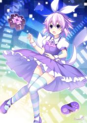 Rule 34 | 1girl, alice in wonderland, artist name, binato lulu, bow, breasts, commentary, commission, dress, floating, hair between eyes, hair ornament, neptune (neptunia), neptune (series), open mouth, panties, puffy short sleeves, puffy sleeves, purple eyes, purple hair, purple theme, ribbon, short hair, short sleeves, small breasts, striped clothes, striped panties, striped thighhighs, thighhighs, underwear, wrist cuffs