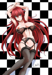Rule 34 | 1girl, ahoge, black thighhighs, blush, breasts, checkered background, garter straps, green eyes, high school dxd, large breasts, lingerie, long hair, mutou keiji, nipples, red hair, rias gremory, solo, thighhighs, underwear, very long hair