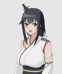 Rule 34 | 1girl, black hair, breasts, commentary request, detached sleeves, hair ornament, kantai collection, large breasts, nontraditional miko, okubyouha55, open mouth, red eyes, ribbon-trimmed sleeves, ribbon trim, smile, solo, upper body, yamashiro (kancolle)