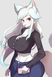 Rule 34 | 1girl, absurdres, animal ear fluff, animal ears, animal nose, arm at side, black shirt, blue hair, blue pants, blush, body fur, breasts, buttons, cat ears, cat girl, cat tail, cellphone, cleavage, closed mouth, colored tips, cowboy shot, crop top, denim, female focus, furry, furry female, grey background, groin, hair flaps, half-closed eyes, highres, holding, holding phone, huge breasts, jeans, long hair, long sleeves, looking at viewer, midriff, multicolored hair, narrow waist, navel, onikuman, original, pants, parted bangs, phone, red eyes, shirt, sidelocks, simple background, smartphone, snout, solo, standing, stomach, tail, tongue, tongue out, two-tone hair, very long hair, white fur, white hair, wide hips