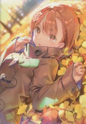 Rule 34 | 1girl, absurdres, alternate costume, autumn, autumn leaves, backlighting, blurry, blurry background, brown coat, brown eyes, brown hair, buttons, coat, day, dot nose, dsmile, field, flower, hair between eyes, hair flower, hair ornament, hands up, high collar, highres, huge filesize, long sleeves, looking at viewer, lying, misaka mikoto, on back, open mouth, outdoors, overcoat, parted lips, scan, simple background, sleeves past wrists, solo, tareme, toaru kagaku no railgun, toaru majutsu no index, tree, upper body, wide sleeves
