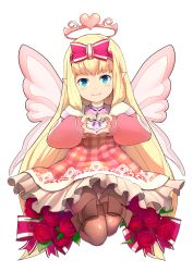 Rule 34 | 1girl, blonde hair, blue eyes, bow, brown bow, chocolate angel, dress, flower, full body, halo, heart, heart hands, little noah, long hair, looking at viewer, pantyhose, pink dress, pink wings, pointy ears, pomeroxu, rose, smile, solo, very long hair, white background, wings