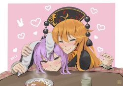 Rule 34 | 2girls, animal ears, aoiueo12, black dress, black headwear, border, closed eyes, closed mouth, commentary request, dress, happy, headpat, highres, junko (touhou), kotatsu, long hair, long sleeves, multiple girls, one eye closed, orange hair, phoenix crown, pink background, pom pom (clothes), rabbit ears, red eyes, red tabard, reisen udongein inaba, tabard, table, touhou, very long hair, white background, white border