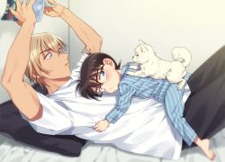 Rule 34 | 2boys, amuro tooru, animal, arms up, barefoot, bed, bedroom, black-framed eyewear, black pants, blonde hair, blue eyes, blue pajamas, blurry, blush, book, brown hair, child, closed mouth, commentary request, depth of field, dog, edogawa conan, feet, from side, glasses, hair between eyes, haro (meitantei conan), height difference, holding, holding book, indoors, k (gear labo), looking at another, lying, lying on person, male focus, meitantei conan, multiple boys, on back, on bed, on stomach, open book, open mouth, pajamas, pants, pillow, shirt, short hair, short sleeves, striped clothes, striped pajamas, tongue, tongue out, vertical stripes, white dog, white shirt