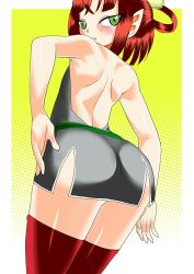 Rule 34 | 1girl, ass, back, backless outfit, batsu (takuan to batsu no nichijou enmachou), blush, chinese clothes, flat chest, from behind, green eyes, hair rings, halterneck, huge ass, looking at viewer, looking back, pointy ears, red hair, red thighhighs, ringed eyes, shiny clothes, shiny skin, short hair, solo, takuan to batsu no nichijou enmachou, thighhighs, zouzou