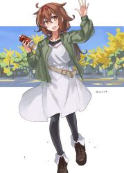 Rule 34 | 1girl, belt, black pantyhose, brown eyes, brown hair, can, canned coffee, dress, drink can, full body, green jacket, hair flaps, hairband, highres, holding, jacket, kantai collection, official alternate costume, pantyhose, red hairband, shiratsuyu (kancolle), solo, sugue tettou, waving, white dress