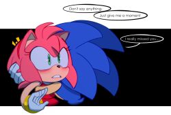 Rule 34 | 1boy, 1girl, amy rose, blue fur, blush, commentary, couple, dress, english commentary, english text, faceless, faceless male, furry, furry female, furry male, gloves, green eyes, hairband, hand on another&#039;s head, hetero, highres, hug, jaguardorado16, netflix, pink fur, pink hair, red dress, red hairband, simple background, solo focus, sonic (series), sonic prime, sonic the hedgehog, speech bubble, surprised, tail, teeth, white gloves