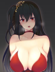 Rule 34 | 1girl, 3yuki, azur lane, bare shoulders, black hair, blush, breasts, choker, cleavage, cocktail dress, collarbone, crossed bangs, dress, grey background, hair ornament, head tilt, heavy breathing, highres, large breasts, long hair, looking at viewer, official alternate costume, open mouth, red choker, red dress, red eyes, simple background, solo, taihou (azur lane), taihou (forbidden feast) (azur lane), yandere