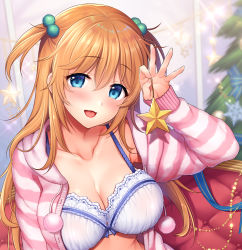 Rule 34 | 1girl, arm up, bench, blonde hair, blue eyes, blurry, blurry background, blush, bra, breasts, cardigan, cleavage, collarbone, commentary request, hair between eyes, holding, holding star, indoors, long hair, looking at viewer, medium breasts, open cardigan, open clothes, open mouth, original, sasachin (k+w), sidelocks, sitting, solo, star (symbol), striped cardigan, two side up, underwear, upper body, white bra