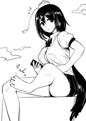 Rule 34 | 1girl, :o, bare legs, bird wings, black skirt, black wings, bow, bowtie, breasts, diisuke, dress shirt, feathered wings, greyscale, hair between eyes, hat, large breasts, looking at viewer, monochrome, parted lips, puffy short sleeves, puffy sleeves, shameimaru aya, shirt, short hair, short sleeves, sitting, skirt, solo, tokin hat, touhou, wings