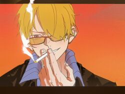 Rule 34 | 1boy, black jacket, blonde hair, blue shirt, cigarette, close-up, closed eyes, collared shirt, commentary, curly eyebrows, hair over one eye, holding, holding cigarette, jacket, letterboxed, male focus, one piece, onecata11, orange background, sanji (one piece), shirt, smile, smoke, solo, striped clothes, striped shirt, sunglasses, vertical-striped clothes, vertical-striped shirt