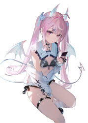 Rule 34 | 1girl, ahoge, bikini, black bikini, black choker, breasts, choker, commentary request, demon horns, demon tail, demon wings, detached collar, hair ribbon, highres, holding, holding phone, horns, jacket, lace trim, long hair, long sleeves, looking at viewer, off shoulder, omelet tomato, open mouth, original, phone, pink hair, pointy ears, red eyes, ribbon, sailor collar, side-tie bikini bottom, simple background, sitting, small breasts, socks, solo, swimsuit, tail, thigh strap, thighs, twintails, very long hair, white background, white jacket, white socks, wings