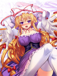 Rule 34 | 1girl, blonde hair, blush, bow, breasts, choker, cleavage, corset, female focus, foreshortening, hat, hat ribbon, highres, large breasts, long hair, looking at viewer, lying, open mouth, panties, purple eyes, purple panties, ribbon, ribbon choker, solo, tears, thighhighs, tnonizyou, touhou, underwear, white thighhighs, yakumo yukari