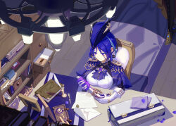 Rule 34 | 1girl, absurdres, bear minstrel, blue capelet, blue hair, book, breasts, capelet, clorinde (genshin impact), commentary, drawer, envelope, feathers, genshin impact, gloves, gun, handgun, hat, highres, holding, holding gun, holding weapon, indoors, medium breasts, purple eyes, shirt, solo, tricorne, upper body, weapon, white gloves, white shirt