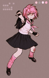 Rule 34 | 1girl, arm up, bandaid, bandaid on face, bandaid on nose, black footwear, black gloves, black sailor collar, black skirt, brown background, circle name, clenched hands, closed mouth, color guide, commentary, fingerless gloves, full body, gauze, gauze on knee, gloves, halftone, highres, loafers, looking at viewer, loose socks, medium hair, neckerchief, original, pink eyes, pink hair, pink neckerchief, pink socks, pleated skirt, ribbed socks, rustle, sailor collar, sailor shirt, school uniform, serafuku, shirt, shoes, short sleeves, simple background, skirt, socks, solo, standing, summer uniform, white shirt
