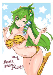 Rule 34 | 1girl, animal print, antenna hair, bikini, breasts, chinese zodiac, commentary request, cosplay, crossed bangs, dated, foot out of frame, frog hair ornament, green eyes, green hair, green nails, grin, hair between eyes, hair ornament, kei jiei, kochiya sanae, large breasts, long hair, looking at viewer, lum, lum (cosplay), one eye closed, print bikini, print footwear, sidelocks, single hair tube, small horns, smile, snake hair ornament, solo, swimsuit, tiger print, touhou, urusei yatsura, year of the tiger