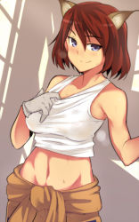 Rule 34 | 1girl, adriana visconti, animal ears, bare shoulders, breasts, em (totsuzen no hakike), gloves, large breasts, looking at viewer, midriff, navel, purple eyes, red hair, short hair, smile, solo, strike witches, tank top, world witches series