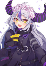 Rule 34 | 1girl, absurdres, ahoge, ascot, black horns, braid, braided bangs, collar, fang, flower wreath, grey hair, highres, hololive, horns, la+ darknesss, la+ darknesss (1st costume), long hair, metal collar, multicolored hair, naka, open mouth, pointy ears, purple hair, skin fang, sleeves past fingers, sleeves past wrists, smile, streaked hair, striped horns, virtual youtuber, yellow ascot, yellow eyes