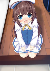 Rule 34 | 10s, 1girl, :d, ahoge, beret, blue dress, blue eyes, blush, brown hair, dress, hat, hinatsuru ai, indoors, kujji, layered sleeves, long hair, long sleeves, low twintails, open mouth, puffy short sleeves, puffy sleeves, ryuuou no oshigoto!, school uniform, seiza, short over long sleeves, short sleeves, sidelocks, sitting, sleeves past wrists, smile, solo, twintails, very long hair, white hat, wooden floor, yellow neckwear