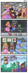 Rule 34 | 1girl, 3boys, 3others, absurdres, angry, annoyed, ayyk92, blonde hair, blue eyes, bowser, brothers, brown hair, castle, cigar, comic, creepy smile, crying, dress, facial hair, fire, frying pan, gloves, hand in pocket, hat, highres, kart, koopa clown car, koopa shell, lakitu, laughing, link, luigi, mario, mario (series), mario kart, mario party, multiple boys, multiple others, mustache, nintendo, open mouth, pink dress, racing, red hair, shield, siblings, smoking, spotlight, super mario bros. 1, super mario world, super smash bros., sweat, sword, tears, the legend of zelda, the legend of zelda: skyward sword, weapon, worried, yoshi