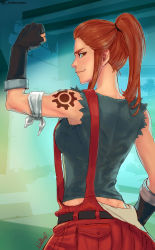 Rule 34 | 1girl, bandaged arm, bandages, black gloves, breasts, brigitte (overwatch), brown eyes, brown hair, commentary, fingerless gloves, flexing, from behind, gloves, highres, long hair, looking at viewer, looking back, overalls, overwatch, overwatch 1, ponytail, shoulder tattoo, sidelocks, sleeveless, smile, solo, tattoo, thick eyebrows, toned, wallace pires
