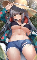 Rule 34 | 1girl, :o, arm up, bikini, black bikini, blush, breasts, cleavage, day, denim, denim shorts, floral print, frima (nikke), frima (sea of sloth) (nikke), goddess of victory: nikke, grey hair, hat, highres, jacket, large breasts, long hair, looking at viewer, navel, official alternate costume, open clothes, open jacket, outdoors, pants, parted lips, short hair, shorts, solo, straw hat, sun hat, sweat, swimsuit, torn clothes, torn pants, torn shorts, waon (43ctw)