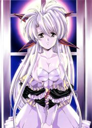 Rule 34 | 00s, 1girl, absurdres, breasts, dress, faye (front innocent), female focus, frills, front innocent, hair ribbon, highres, indoors, large breasts, long hair, moon, night, ribbon, sky, solo, urushihara satoshi, very long hair, white hair, window