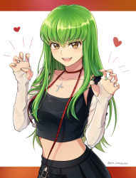 Rule 34 | 1girl, :d, black skirt, brown eyes, c.c., choker, code geass, collarbone, crop top, cross, cross necklace, fingernails, green hair, hair between eyes, heart, highres, jewelry, long hair, long sleeves, midriff, necklace, open mouth, pleated skirt, red ribbon, ribbon, ribbon choker, ring, setu kurokawa, sharp fingernails, skirt, smile, solo, stomach, straight hair, twitter username, very long hair, white sleeves