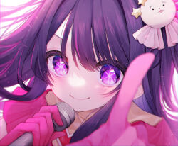 Rule 34 | &gt;:), 1girl, bloom, blurry, capelet, chromatic aberration, close-up, closed mouth, colored eyelashes, commentary, depth of field, double-parted bangs, eyelashes, eyes visible through hair, gloves, hair between eyes, hair ornament, hair ribbon, hair spread out, highres, holding, holding microphone, hoshino ai (oshi no ko), idol, index finger raised, light blush, light particles, long hair, microphone, miko suuuuu, oshi no ko, pink capelet, pink gloves, pointing, pointing at viewer, purple eyes, purple hair, rabbit hair ornament, ribbon, sidelocks, smile, sparkle, star-shaped pupils, star (symbol), symbol-shaped pupils, v-shaped eyebrows, white ribbon