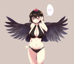 Rule 34 | 1girl, arm up, bangs pinned back, bikini, bird wings, black bikini, black wings, blush, breasts, brown eyes, brown hair, cleavage, collarbone, commentary request, eyelashes, feathered wings, gomeifuku, grey background, hand in own hair, hat, highres, large breasts, large wings, navel, red headwear, shameimaru aya, short hair, smile, spoken blush, standing, sweatdrop, swimsuit, thick thighs, thighs, tokin hat, touhou, wings