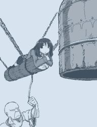 Rule 34 | 1boy, 1girl, :/, arm up, attempted suicide, bald, bell, blazer, chain, clinging, closed mouth, collarbone, empty eyes, expressionless, faceless, faceless male, hamsterfragment, hands up, holding, holding rope, jacket, jaggy lines, log, long sleeves, lying, medium hair, monochrome, no pupils, no shoes, on stomach, original, over-kneehighs, pleated skirt, rope, school uniform, short sleeves, simple background, skirt, suicidal girl (hamsterfragment), thighhighs