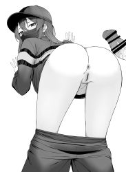 Rule 34 | 1boy, 1girl, absurdres, against wall, anus, ass, bar censor, baseball cap, censored, cleft of venus, clothes pull, commentary request, erection, from behind, greyscale, hair between eyes, hat, hetero, highres, imminent penetration, kantai collection, long hair, long sleeves, looking at viewer, looking back, mask, monochrome, mouth mask, pants, pants pull, penis, pussy, revision, simple background, solo focus, takaman (gaffe), white background, zuikaku (kancolle)
