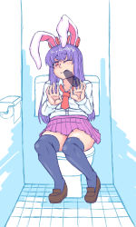 Rule 34 | animal ears, blazer, blouse, brown footwear, hell angel, jacket, loafers, long hair, long sleeves, medium skirt, necktie, paid reward available, penis, penis on face, pink skirt, purple hair, rabbit ears, rabbit tail, red eyes, red neckwear, reisen udongein inaba, shirt, shoes, skirt, tail, toilet, touhou, white shirt