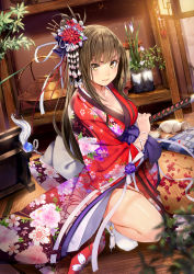 Rule 34 | 1girl, 3:, 3:&lt;, black hair, blurry, blush, breasts, broken, cleavage, closed mouth, collarbone, cushion, depth of field, dutch angle, eyelashes, fighting stance, floral print, flower, full body, hair flower, hair ornament, hair stick, highres, holding, holding sword, holding weapon, indoors, japanese clothes, kanzashi, kimono, lantern, light particles, long hair, looking at viewer, medium breasts, no shoes, obi, on floor, on one knee, orb, original, petals, plant, pot, potted plant, print kimono, rainmaker, ready to draw, red flower, red kimono, sash, shards, shiny skin, solo, sword, table, tatami, v-shaped eyebrows, vase, very long hair, weapon, white legwear, yellow eyes