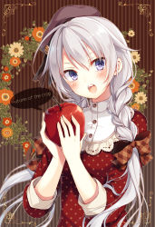Rule 34 | 1girl, apple, beret, blouse, blush, bow, braid, buttons, daisy, flower, food, fruit, hair bow, hair over shoulder, hat, high collar, highres, holding, holding food, lace trim, long hair, looking at viewer, open mouth, original, plaid, plaid bow, polka dot, polka dot shirt, purple eyes, shirt, silver hair, sleeves rolled up, solo, striped, striped background, toosaka asagi, twin braids, twintails, unmoving pattern, upper body, vertical stripes, white shirt