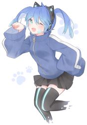 Rule 34 | 1girl, animal ear headphones, animal ears, artist name, axent wear, bad id, bad pixiv id, blue eyes, blue hair, blush, cat ear headphones, cat ears, ene (kagerou project), fake animal ears, fang, headphones, jacket, kagerou project, long hair, marin (myuy 3), matching hair/eyes, one eye closed, oversized clothes, short hair, skirt, solo, thighhighs, track jacket, twintails, zettai ryouiki