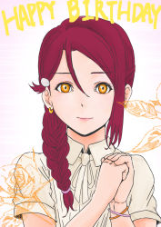 Rule 34 | 1girl, absurdres, artist name, artist request, blush, brown eyes, brown hair, collared shirt, earrings, female focus, hair between eyes, hair ornament, hair over shoulder, hair vines, hairclip, highres, jewelry, long hair, looking at viewer, love live!, love live! sunshine!!, own hands together, parted lips, plant, red hair, sakurauchi riko, shirt, smile, solo, tsurayuki (pixiv23208255), vines, white background, white shirt, yellow eyes