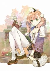 Rule 34 | 10s, 1boy, 1girl, atelier (series), atelier escha &amp; logy, bangle, blush, book, book stack, bracelet, braid, breasts, breasts apart, brown eyes, brown footwear, brown skirt, closed mouth, collarbone, escha malier, flask, floral background, full body, fur collar, gold trim, green eyes, grey hair, hat, head tilt, hidari (left side), highres, holding, holding book, jacket, jewelry, logix ficsario, long hair, looking at viewer, miniskirt, official art, open book, pastel colors, pink hair, pleated skirt, pom pom (clothes), round-bottom flask, scan, shoes, sitting, skirt, smile, standing, tail, thighhighs, third-party source, twintails, white background, white hat, white thighhighs