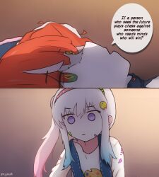 Rule 34 | 2girls, airani iofifteen, commentary, english commentary, english text, highres, hololive, hololive indonesia, kureiji ollie, long hair, long sleeves, lyzas4, multicolored eyes, multiple girls, open mouth, patchwork skin, ponytail, purple eyes, red hair, virtual youtuber, white hair, zombie