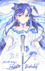 Rule 34 | 119, 1girl, 2018, blue bow, blue eyes, blue hair, bow, closed mouth, dated, dress, floating hair, hair bow, happy birthday, highres, idolmaster, idolmaster (classic), kisaragi chihaya, long hair, looking at viewer, microphone stand, one side up, short sleeves, smile, solo, standing, very long hair, white dress