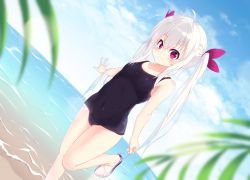 Rule 34 | 1girl, bad id, bad pixiv id, breasts, cloud, covered navel, grin, highres, horizon, kakoto, leg up, long hair, original, outdoors, outstretched arms, red eyes, ribbon, sandals, school swimsuit, silver hair, sky, small breasts, smile, solo, standing, standing on one leg, swimsuit, toes, twintails