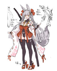 Rule 34 | animal ear fluff, animal ears, asanagi, asanagi (azur lane), azur lane, black thighhighs, breasts, bridal gauntlets, bright pupils, cleavage, commentary request, concept art, covered navel, elbow gloves, feet, fox ears, fox tail, full body, gloves, hair ribbon, high heels, highres, katana, leotard, long hair, long sleeves, red ribbon, ribbon, rudder footwear, sandals, sheath, sheathed, simple background, sketch, small breasts, standing, stirrup legwear, sword, tail, thighhighs, thighs, toeless legwear, toes, translation request, twintails, very long hair, weapon, white pupils, wide sleeves, yellow eyes