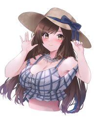 1girl bare_shoulders bikini blue_bow blue_ribbon blush bow breasts brown_eyes brown_hair brown_hat cleavage closed_mouth cropped_torso flower flower_necklace frilled_bikini frills grey_bikini hands_up hat hat_bow hat_ribbon highres idolmaster idolmaster_shiny_colors jewelry large_breasts long_hair looking_at_viewer necklace off-shoulder_bikini off_shoulder pepeo plaid_bikini plaid_clothes ribbon simple_background solo swept_bangs swimsuit tsukioka_kogane white_background