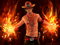 Rule 34 | 1boy, abs, black hair, buckle, elbow pads, fire, freckles, goggles, goggles on headwear, hat, horns, jeannette11, jewelry, knife, male focus, navel, necklace, one piece, portgas d. ace, topless male, skull, solo, tattoo, watermark, web address