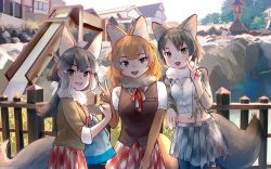 Rule 34 | 3girls, :d, animal ear fluff, animal ears, black legwear, blonde hair, brown eyes, character request, clenched hand, commentary request, day, dhole (kemono friends), extra ears, fence, fur collar, grey hair, grin, kemono friends, long hair, long sleeves, looking at viewer, midriff, multiple girls, open mouth, outdoors, pantyhose, plaid, plaid skirt, pleated skirt, short hair, short sleeves, signature, skirt, smile, tail, torn clothes, torn skirt, v, vest, welt (kinsei koutenkyoku), yellow eyes