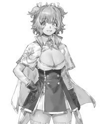Rule 34 | 1girl, antenna hair, arm at side, assault lily, breasts, brooch, buttons, cape, cleavage, cleavage cutout, clothing cutout, collared dress, commentary, cowboy shot, dress, gloves, greyscale, grin, hair ribbon, hand on own hip, highres, jewelry, large breasts, layered dress, looking at viewer, monochrome, official alternate costume, parted lips, ribbon, short dress, short hair, simple background, smile, solo, standing, thighhighs, tori udon, two side up, white background, yoshimura thi mai, zettai ryouiki