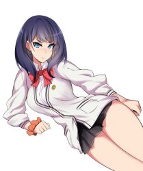 Rule 34 | 10s, 1girl, arm support, black hair, blue eyes, breasts, cardigan, commentary request, gridman universe, hevn, highres, long hair, looking at viewer, simple background, skirt, solo, ssss.gridman, takarada rikka, thick thighs, thighs, white background